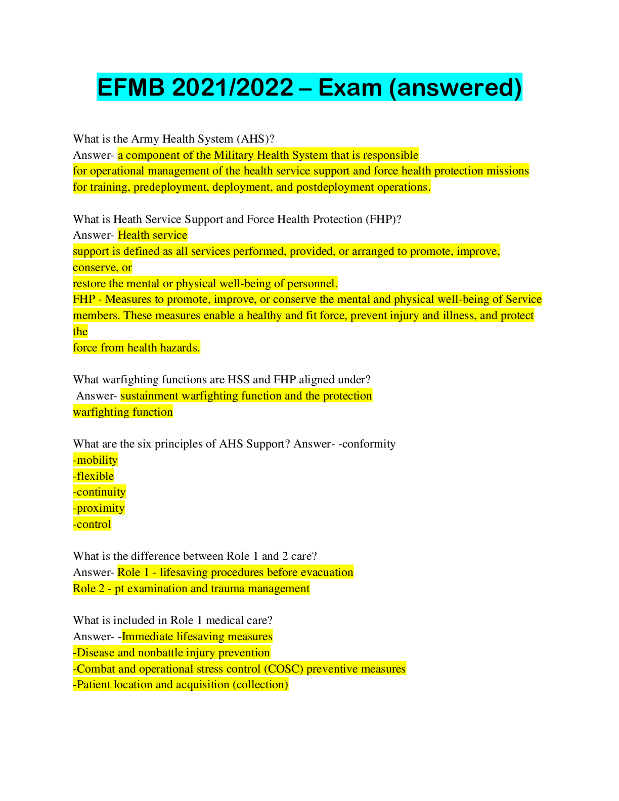 Preview image for Expert Field Medical Badge/ EFMB All 2021/2022 – Exam (answered)